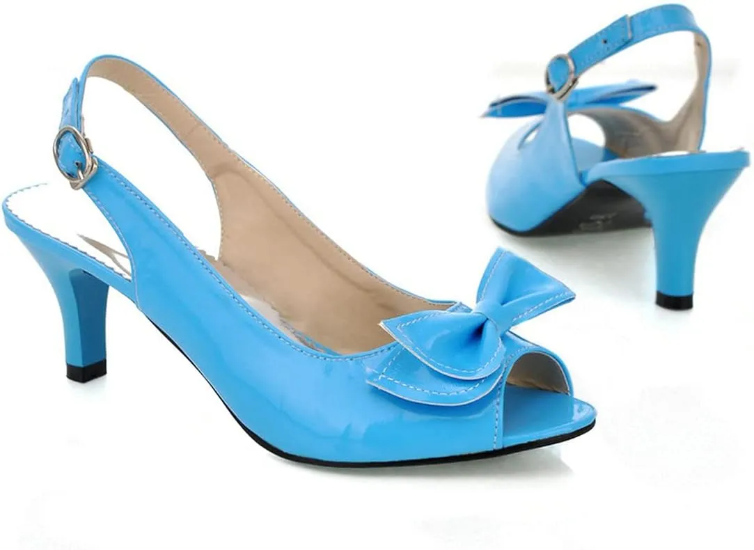BEAUPAS Women's Peep Toe Slingback Kitten Heel Patent Pumps with Bow Buckle Cute Shoes