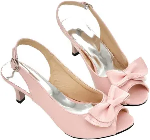 BEAUPAS Women's Peep Toe Slingback Kitten Heel Patent Pumps with Bow Buckle Cute Shoes