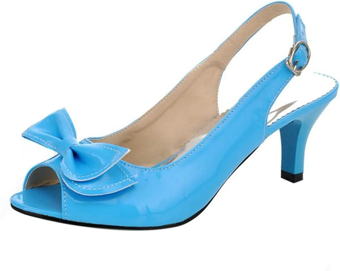 BEAUPAS Women's Peep Toe Slingback Kitten Heel Patent Pumps with Bow Buckle Cute Shoes