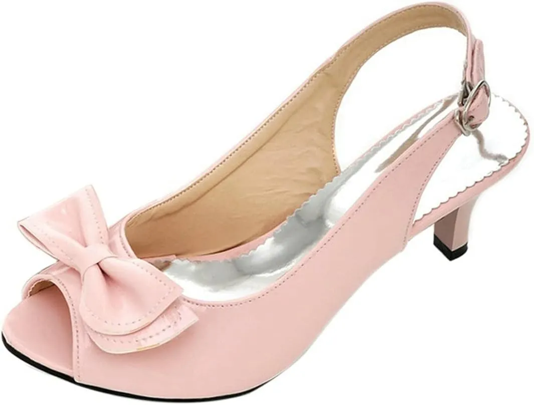 BEAUPAS Women's Peep Toe Slingback Kitten Heel Patent Pumps with Bow Buckle Cute Shoes