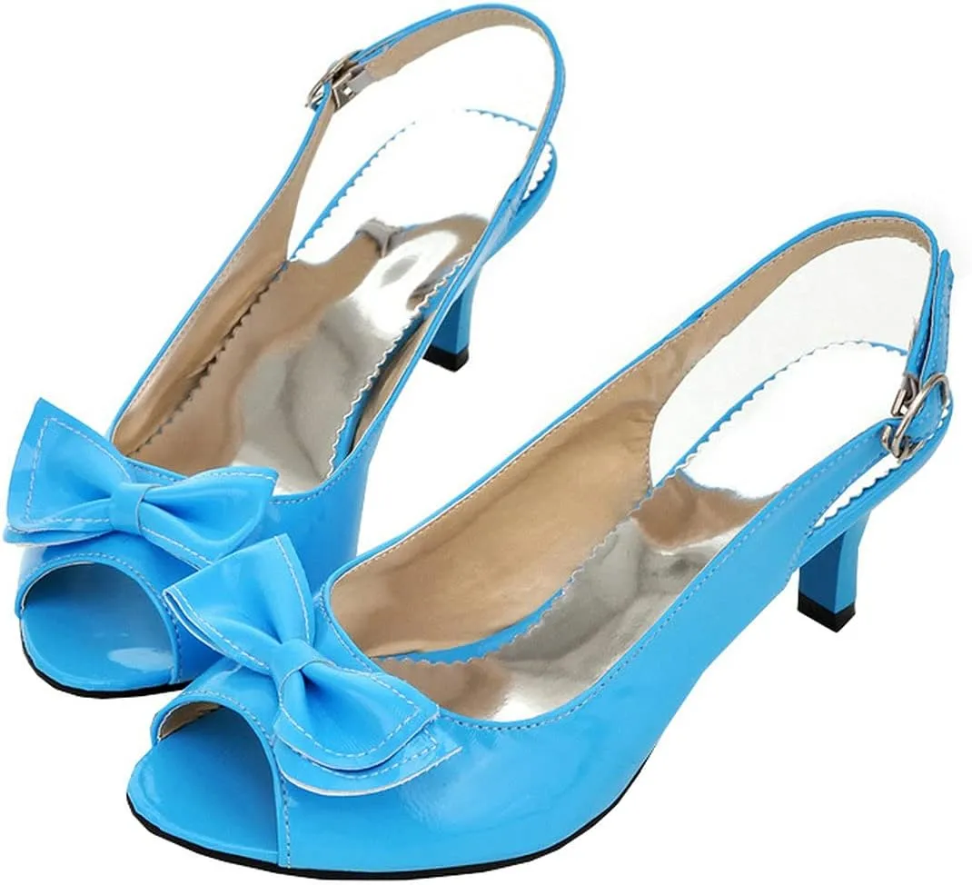 BEAUPAS Women's Peep Toe Slingback Kitten Heel Patent Pumps with Bow Buckle Cute Shoes