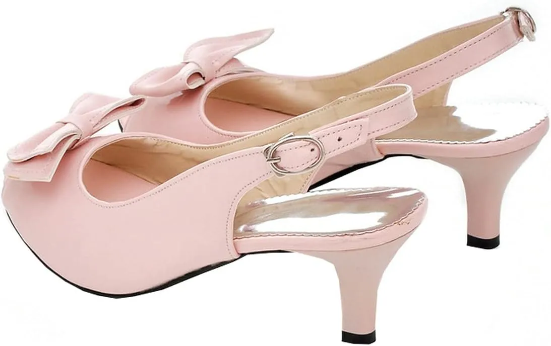 BEAUPAS Women's Peep Toe Slingback Kitten Heel Patent Pumps with Bow Buckle Cute Shoes