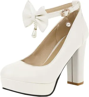 BEAUPAS Women's Platform High Heels Ankle Strap Chunky Heel Pumps Bows Buckle Cute Shoes