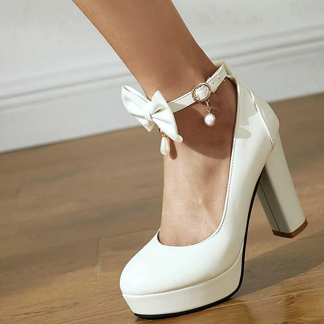 BEAUPAS Women's Platform High Heels Ankle Strap Chunky Heel Pumps Bows Buckle Cute Shoes