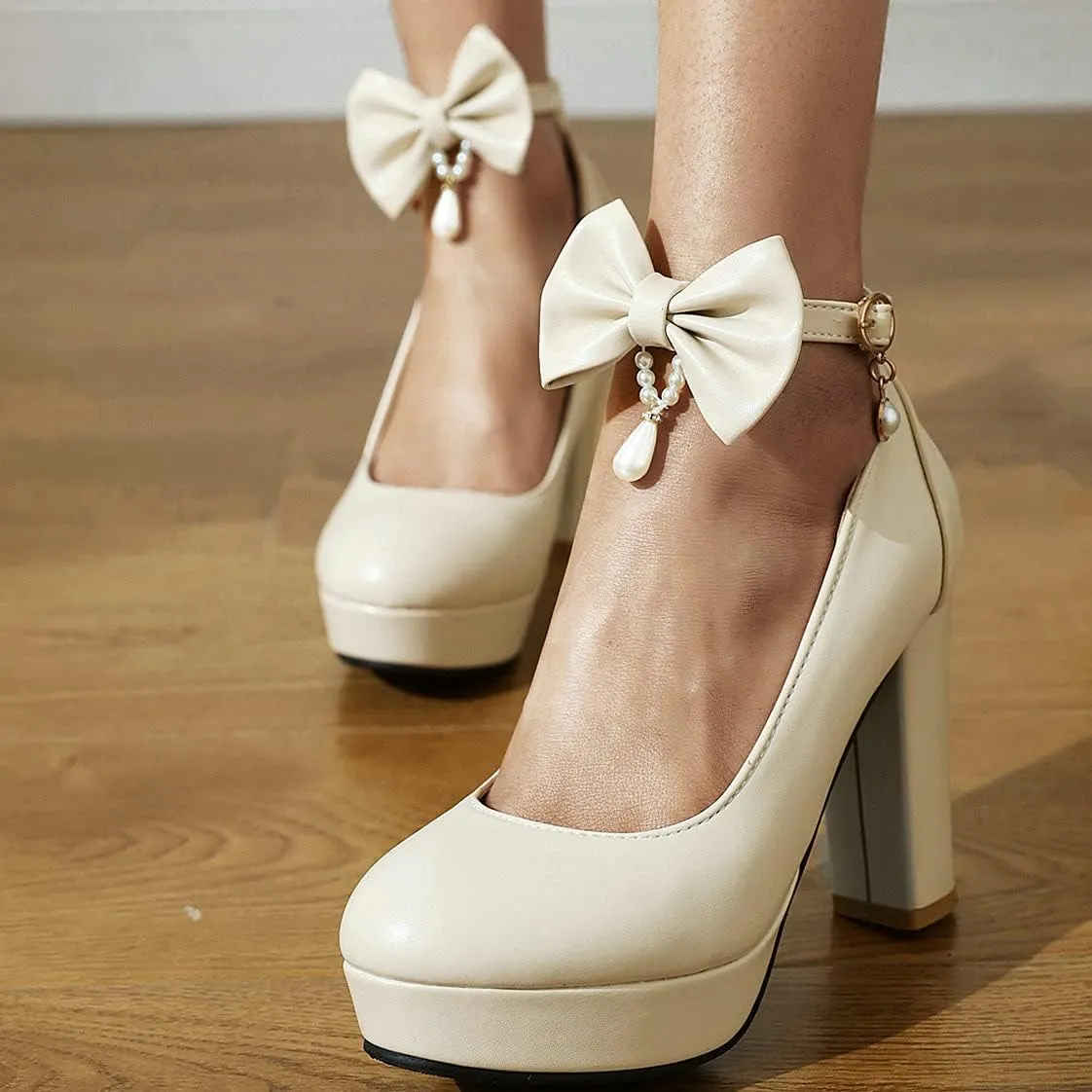 BEAUPAS Women's Platform High Heels Ankle Strap Chunky Heel Pumps Bows Buckle Cute Shoes