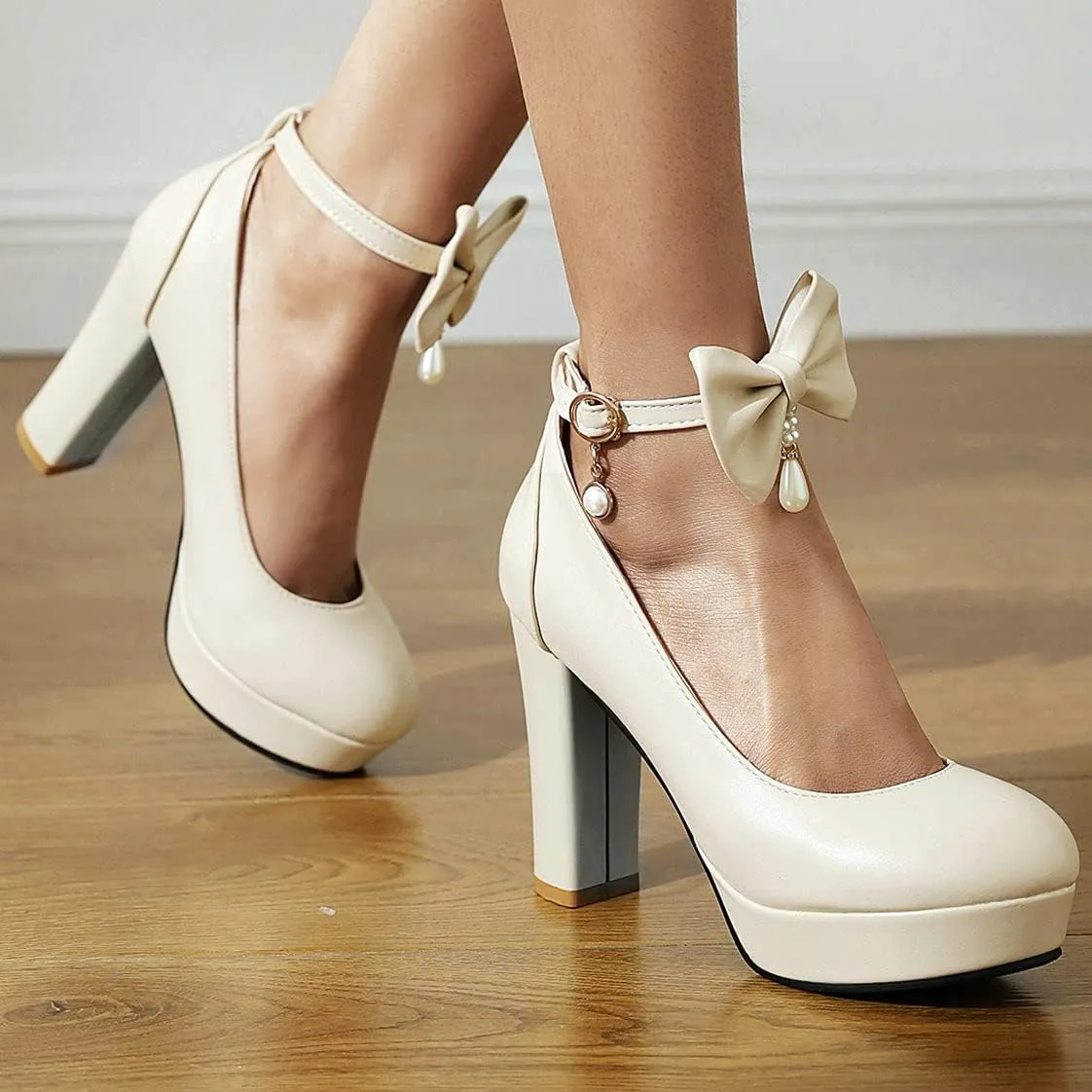 BEAUPAS Women's Platform High Heels Ankle Strap Chunky Heel Pumps Bows Buckle Cute Shoes