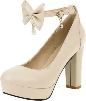 BEAUPAS Women's Platform High Heels Ankle Strap Chunky Heel Pumps Bows Buckle Cute Shoes