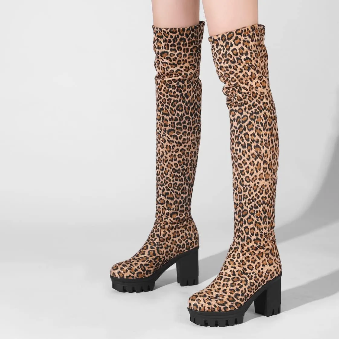 BEAUPAS Women's Platform Thigh High Boots High Heel Over The Knee Chunky Heeled Boots Round Toe Block Heel Gothic Shoes