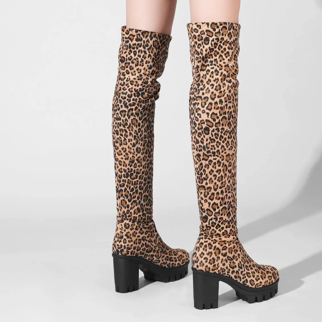BEAUPAS Women's Platform Thigh High Boots High Heel Over The Knee Chunky Heeled Boots Round Toe Block Heel Gothic Shoes