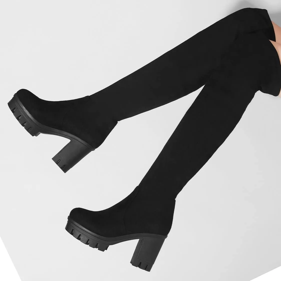 BEAUPAS Women's Platform Thigh High Boots High Heel Over The Knee Chunky Heeled Boots Round Toe Block Heel Gothic Shoes