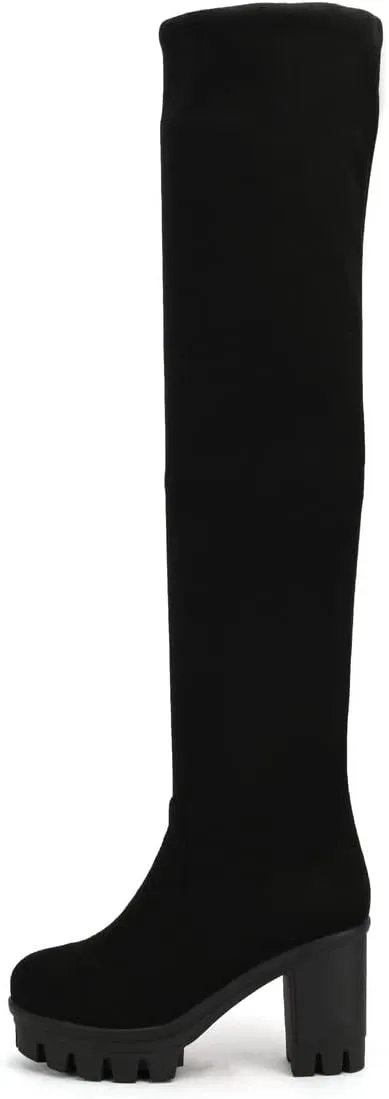 BEAUPAS Women's Platform Thigh High Boots High Heel Over The Knee Chunky Heeled Boots Round Toe Block Heel Gothic Shoes