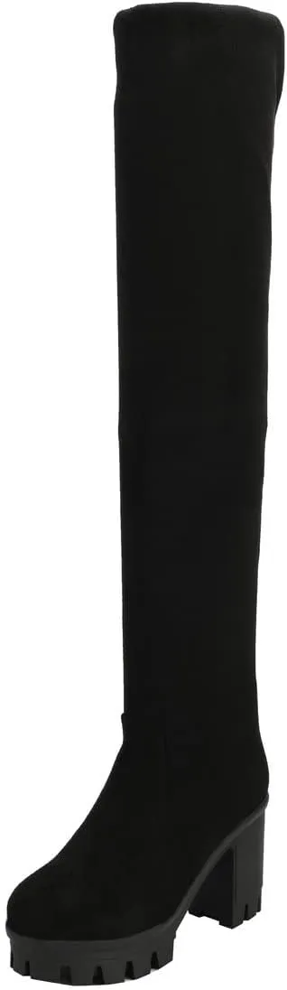 BEAUPAS Women's Platform Thigh High Boots High Heel Over The Knee Chunky Heeled Boots Round Toe Block Heel Gothic Shoes