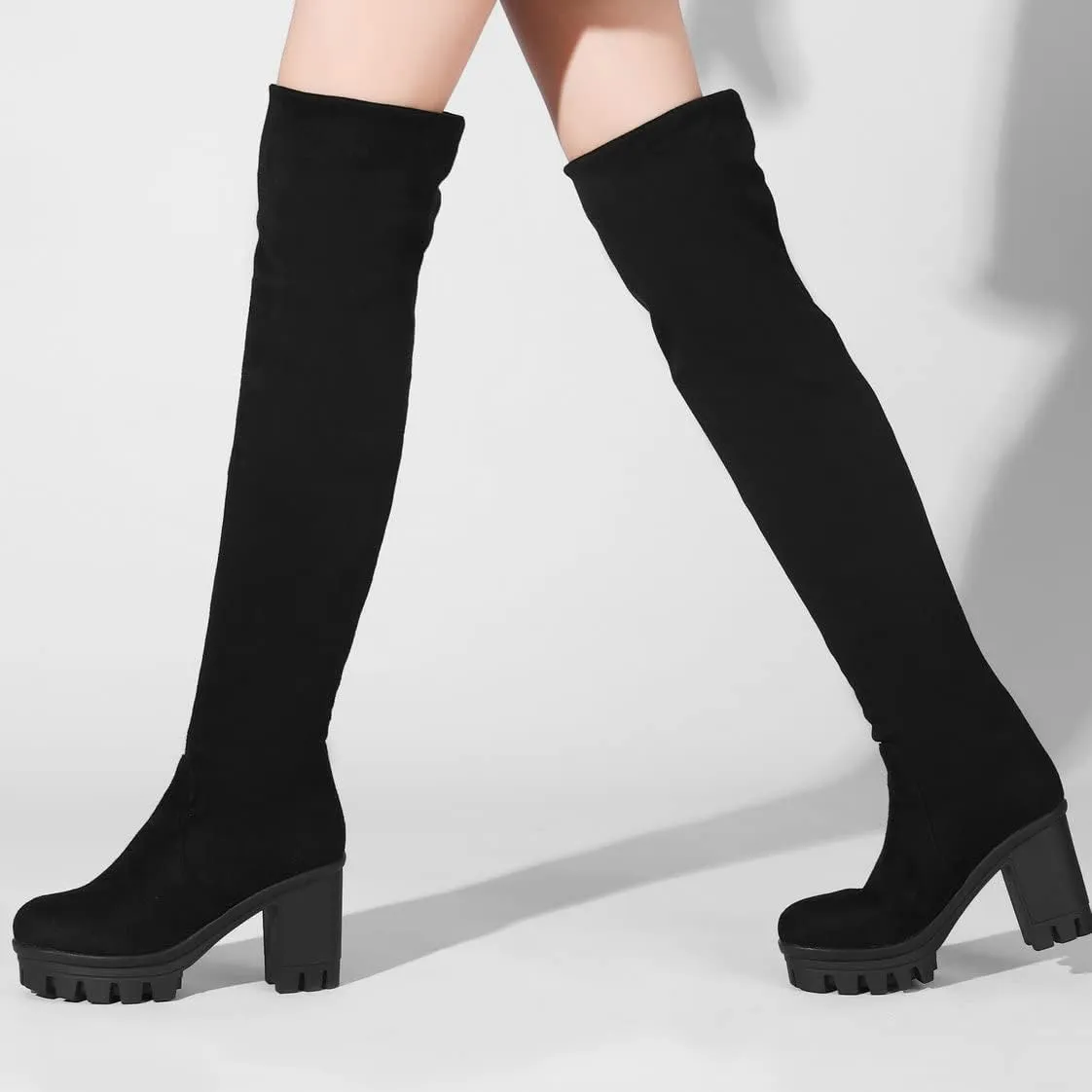 BEAUPAS Women's Platform Thigh High Boots High Heel Over The Knee Chunky Heeled Boots Round Toe Block Heel Gothic Shoes