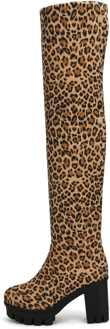BEAUPAS Women's Platform Thigh High Boots High Heel Over The Knee Chunky Heeled Boots Round Toe Block Heel Gothic Shoes