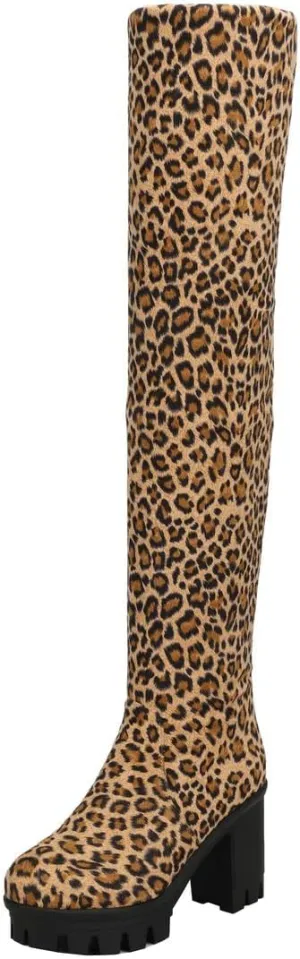 BEAUPAS Women's Platform Thigh High Boots High Heel Over The Knee Chunky Heeled Boots Round Toe Block Heel Gothic Shoes