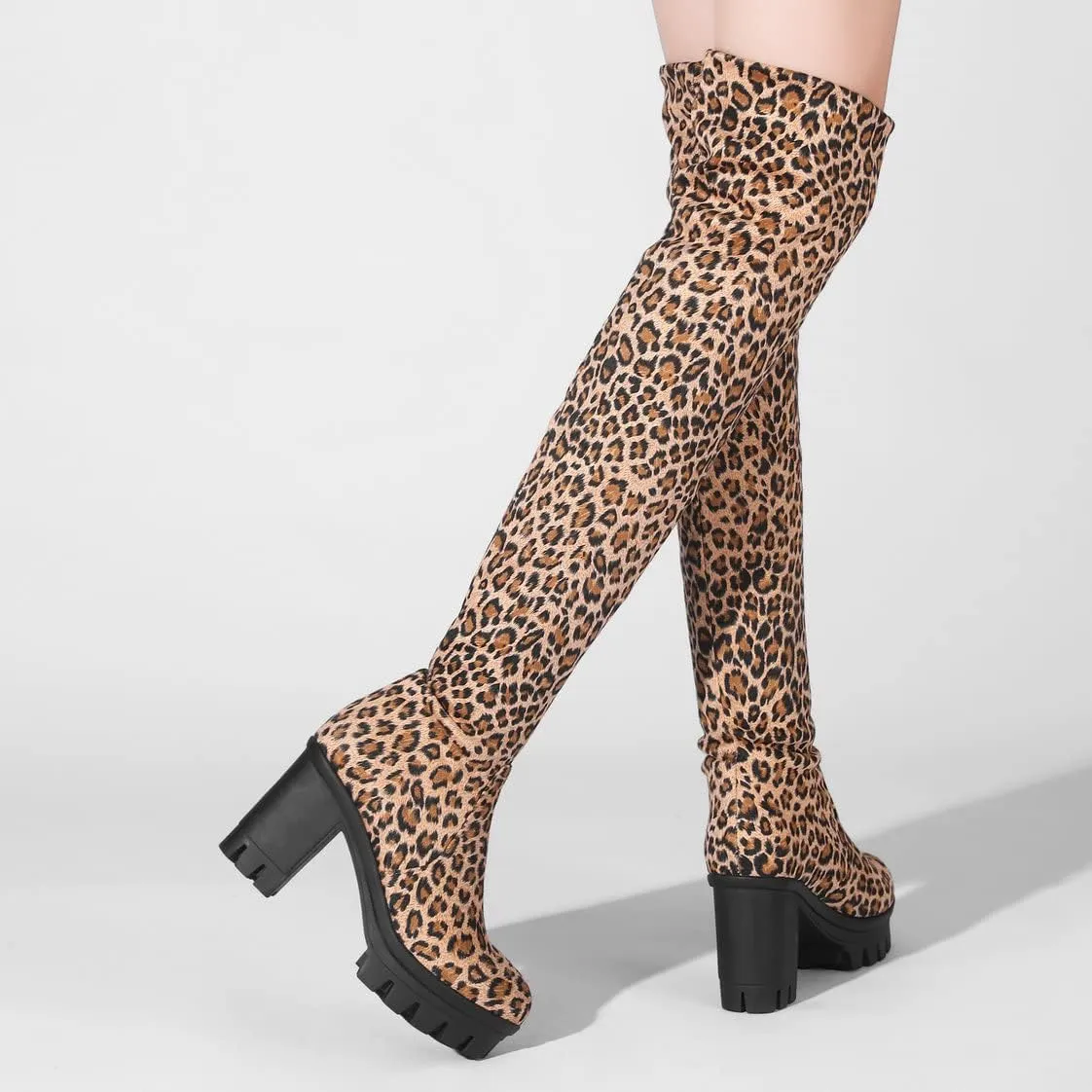 BEAUPAS Women's Platform Thigh High Boots High Heel Over The Knee Chunky Heeled Boots Round Toe Block Heel Gothic Shoes