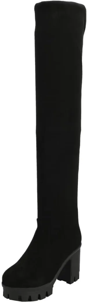 BEAUPAS Women's Platform Thigh High Boots High Heel Over The Knee Chunky Heeled Boots Round Toe Block Heel Gothic Shoes