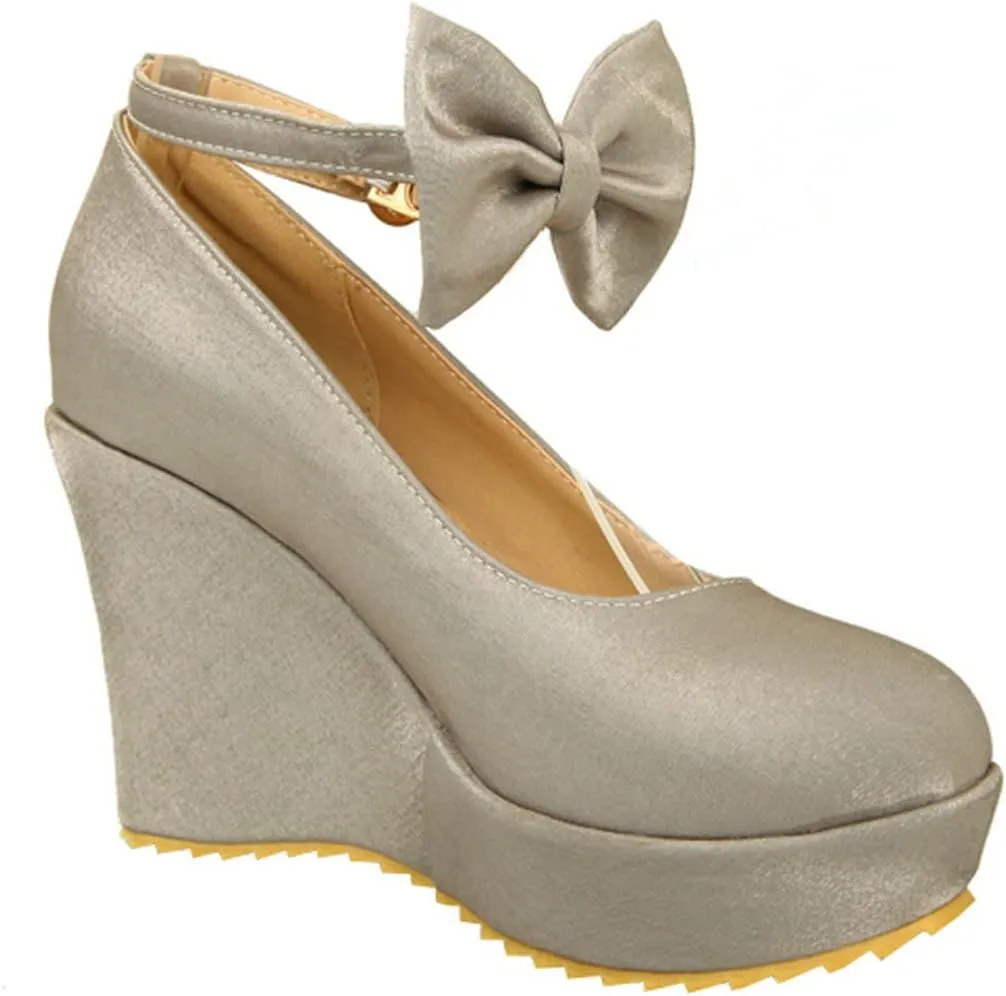 BEAUPAS Women's Round Toe Wedge Platform High Heel Pumps Ankle Strap Buckle Bows Cute Shoes