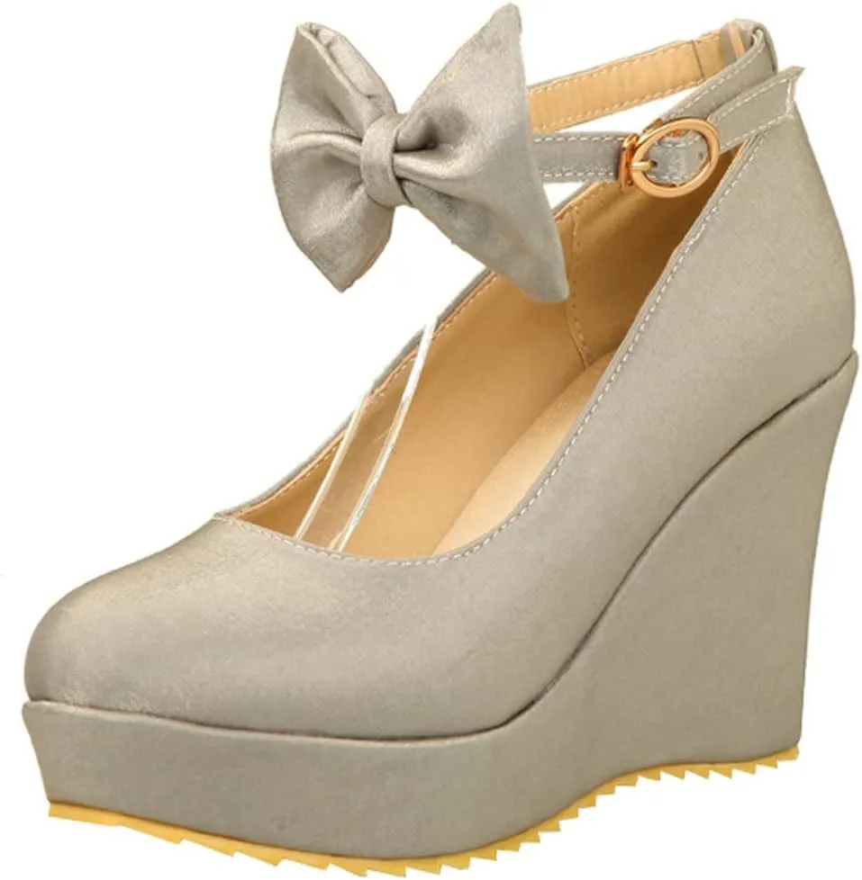 BEAUPAS Women's Round Toe Wedge Platform High Heel Pumps Ankle Strap Buckle Bows Cute Shoes
