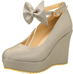 BEAUPAS Women's Round Toe Wedge Platform High Heel Pumps Ankle Strap Buckle Bows Cute Shoes