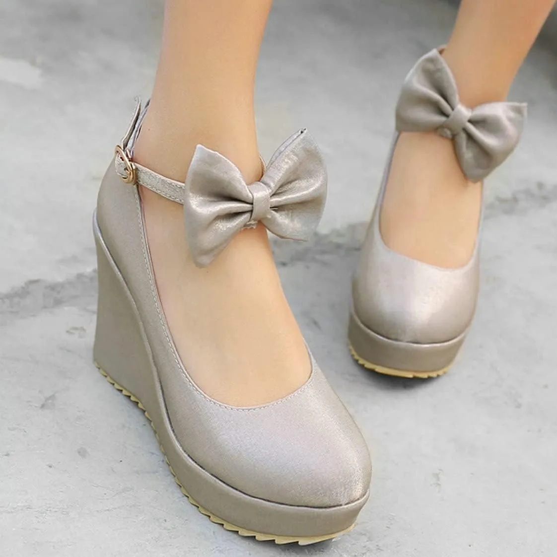 BEAUPAS Women's Round Toe Wedge Platform High Heel Pumps Ankle Strap Buckle Bows Cute Shoes