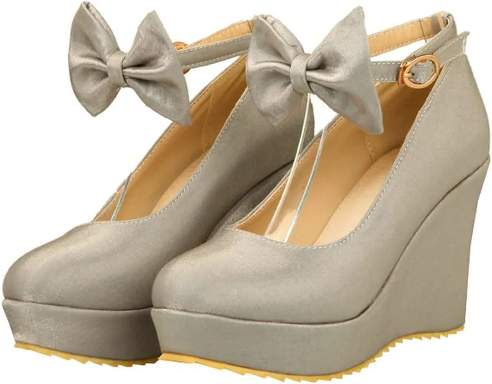 BEAUPAS Women's Round Toe Wedge Platform High Heel Pumps Ankle Strap Buckle Bows Cute Shoes