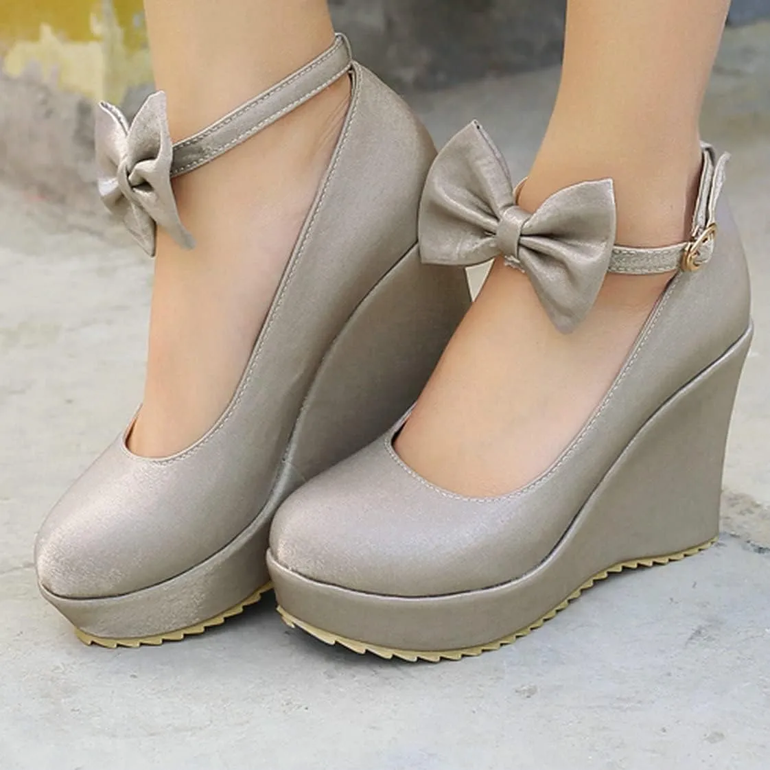 BEAUPAS Women's Round Toe Wedge Platform High Heel Pumps Ankle Strap Buckle Bows Cute Shoes