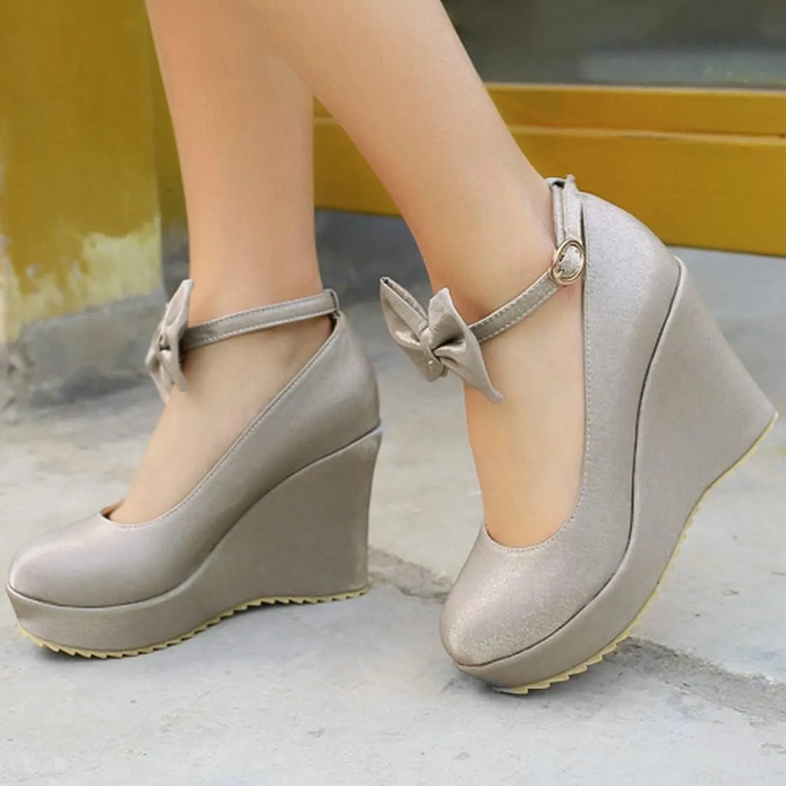 BEAUPAS Women's Round Toe Wedge Platform High Heel Pumps Ankle Strap Buckle Bows Cute Shoes