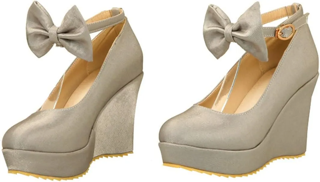 BEAUPAS Women's Round Toe Wedge Platform High Heel Pumps Ankle Strap Buckle Bows Cute Shoes
