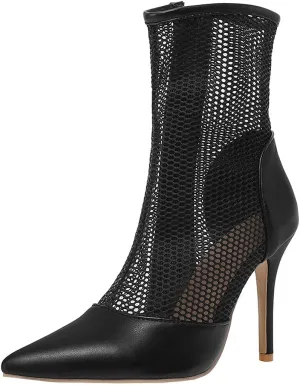BEAUPAS Women's Stiletto High Heel Ankle Boots Pointed Toe Mesh Fishnet Zipper Sandals