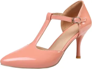 BEAUPAS Women's T Strap High Heels Pumps Pointed Toe Stiletto Heeled Ankle Strap Pumps Patent Buckle Shoes