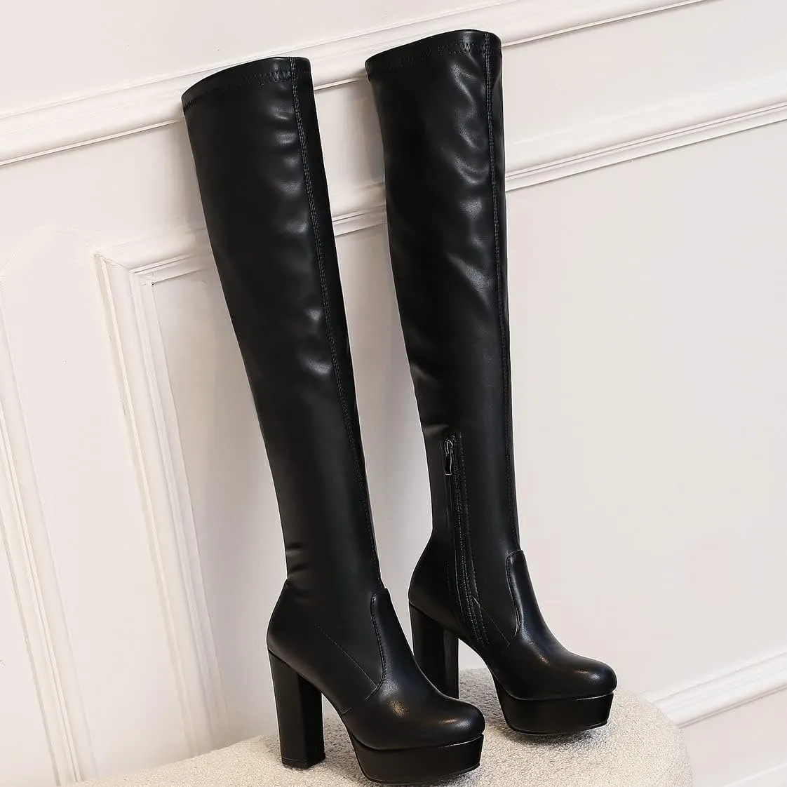 BEAUPAS Women's Thigh High Chunky Platform Boots High Heeled Over The Knee Boots Block Heel Round Toe Zip Up Gothic Shoes