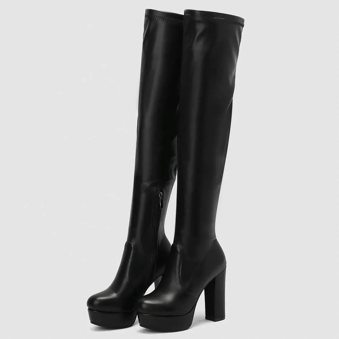 BEAUPAS Women's Thigh High Chunky Platform Boots High Heeled Over The Knee Boots Block Heel Round Toe Zip Up Gothic Shoes