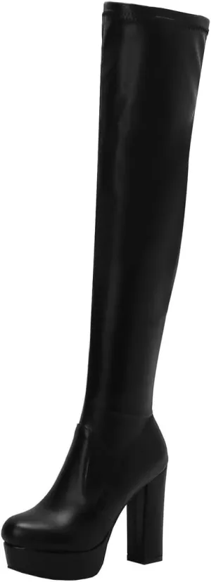 BEAUPAS Women's Thigh High Chunky Platform Boots High Heeled Over The Knee Boots Block Heel Round Toe Zip Up Gothic Shoes