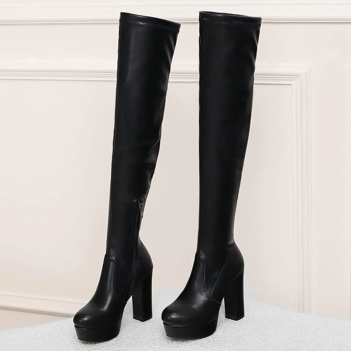 BEAUPAS Women's Thigh High Chunky Platform Boots High Heeled Over The Knee Boots Block Heel Round Toe Zip Up Gothic Shoes