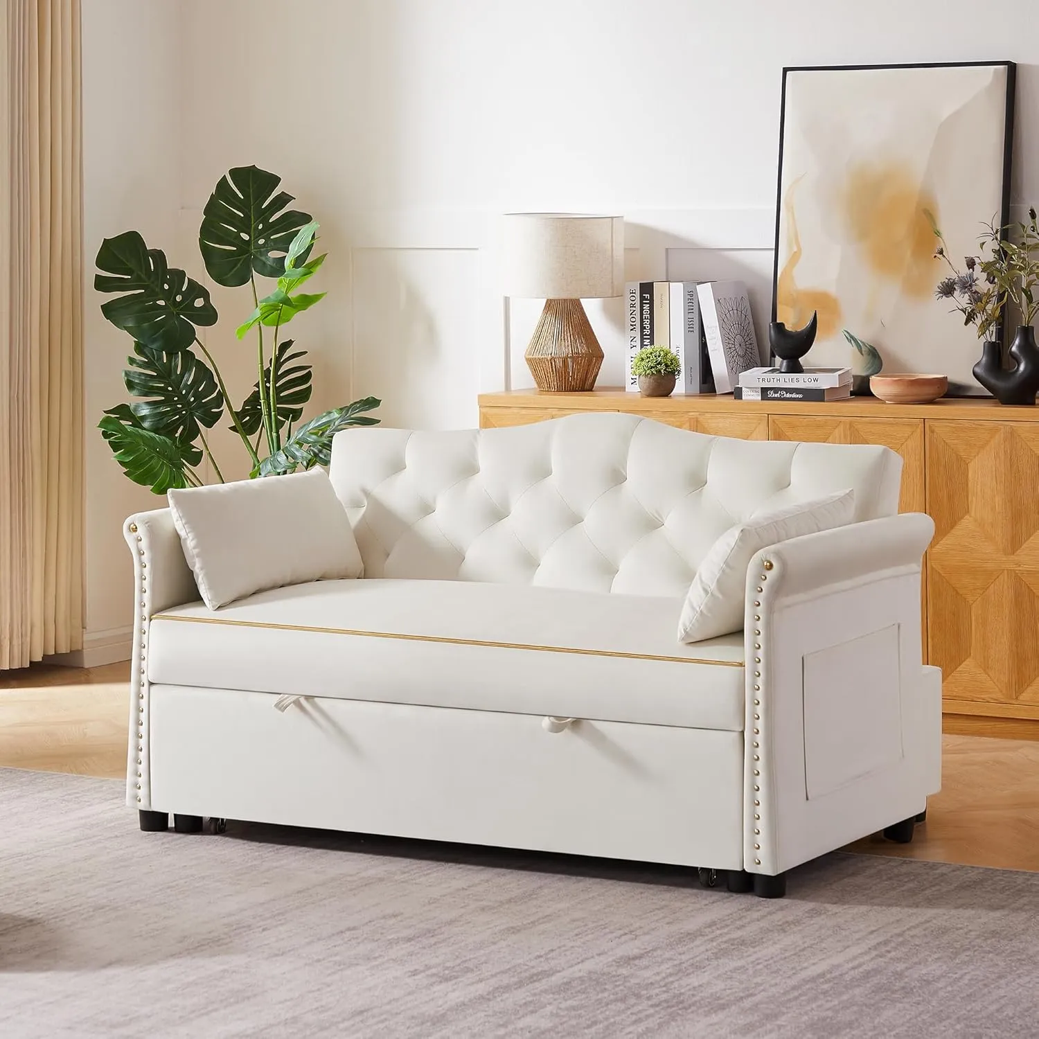 Beautiful 3 in 1 Convertible Sleeper Sofabed Thicken Cushion Living Room Tufted Backrest Daybed ,57.5" Oversized Loveseat Sofa Pull Out Sleep Couch Bed W/Nailhead Decor and Golden Trim for Guestroom
