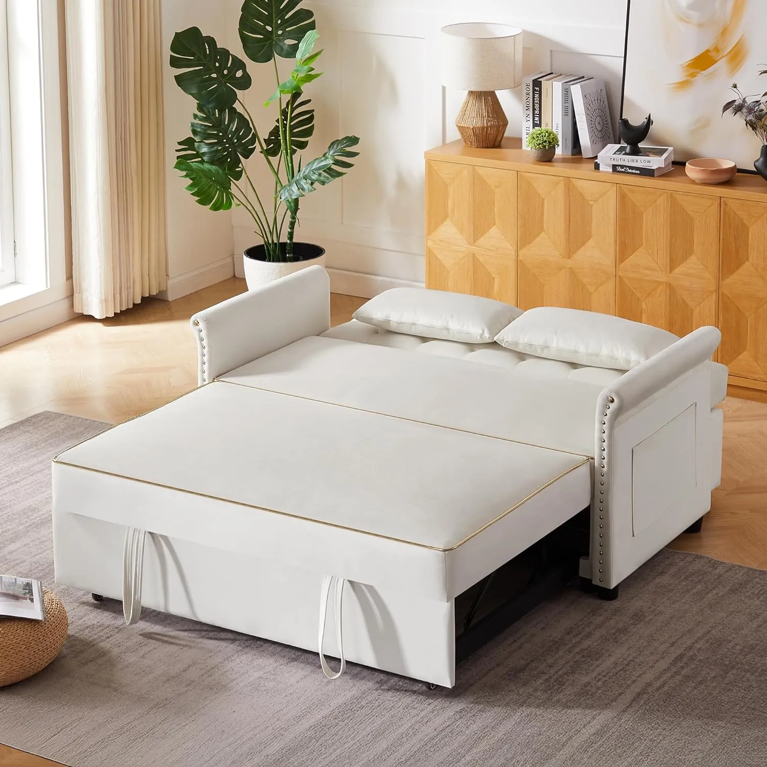 Beautiful 3 in 1 Convertible Sleeper Sofabed Thicken Cushion Living Room Tufted Backrest Daybed ,57.5" Oversized Loveseat Sofa Pull Out Sleep Couch Bed W/Nailhead Decor and Golden Trim for Guestroom