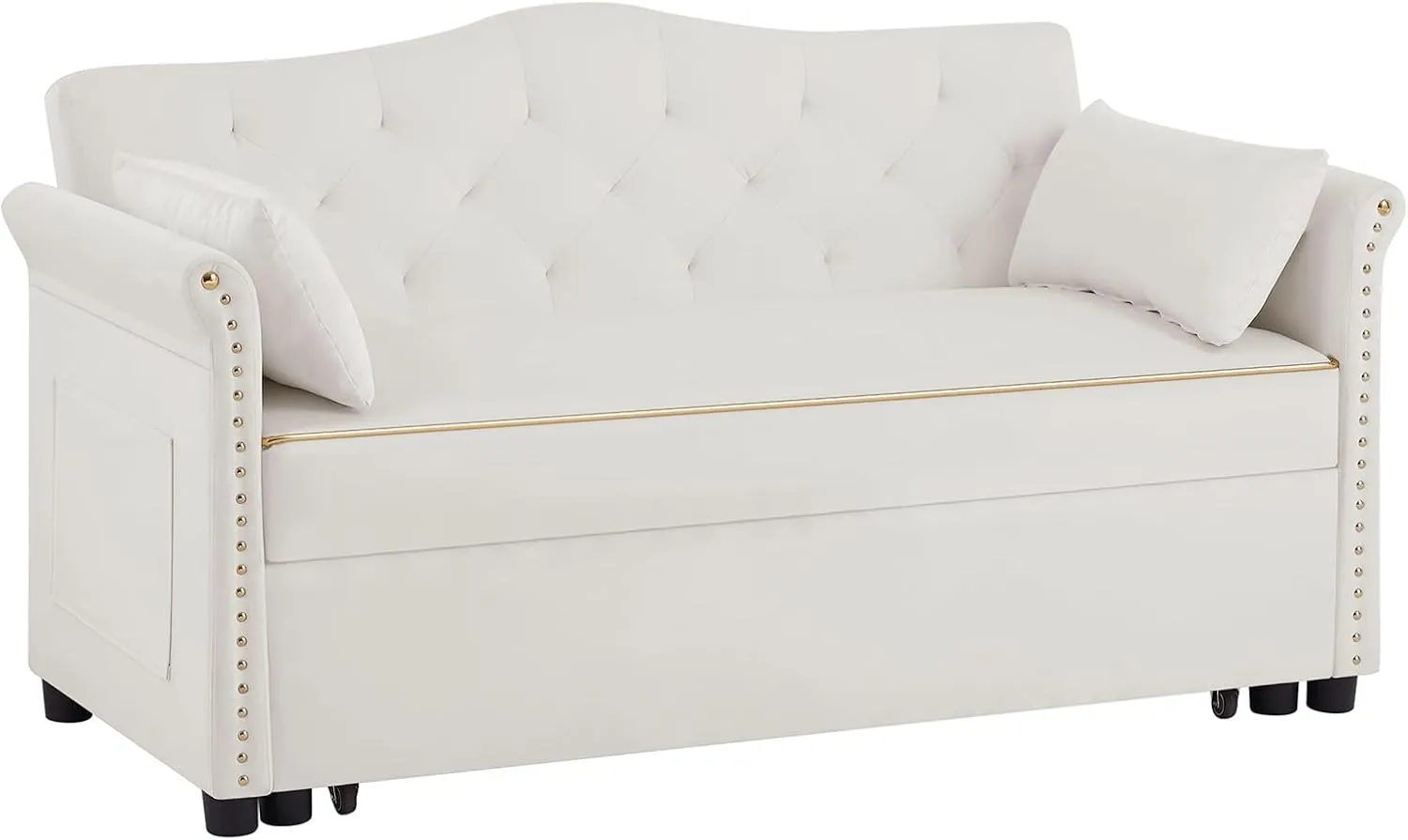 Beautiful 3 in 1 Convertible Sleeper Sofabed Thicken Cushion Living Room Tufted Backrest Daybed ,57.5" Oversized Loveseat Sofa Pull Out Sleep Couch Bed W/Nailhead Decor and Golden Trim for Guestroom