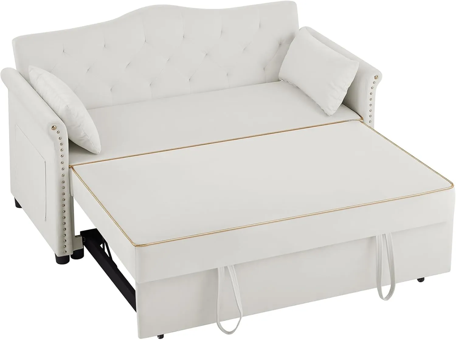 Beautiful 3 in 1 Convertible Sleeper Sofabed Thicken Cushion Living Room Tufted Backrest Daybed ,57.5" Oversized Loveseat Sofa Pull Out Sleep Couch Bed W/Nailhead Decor and Golden Trim for Guestroom