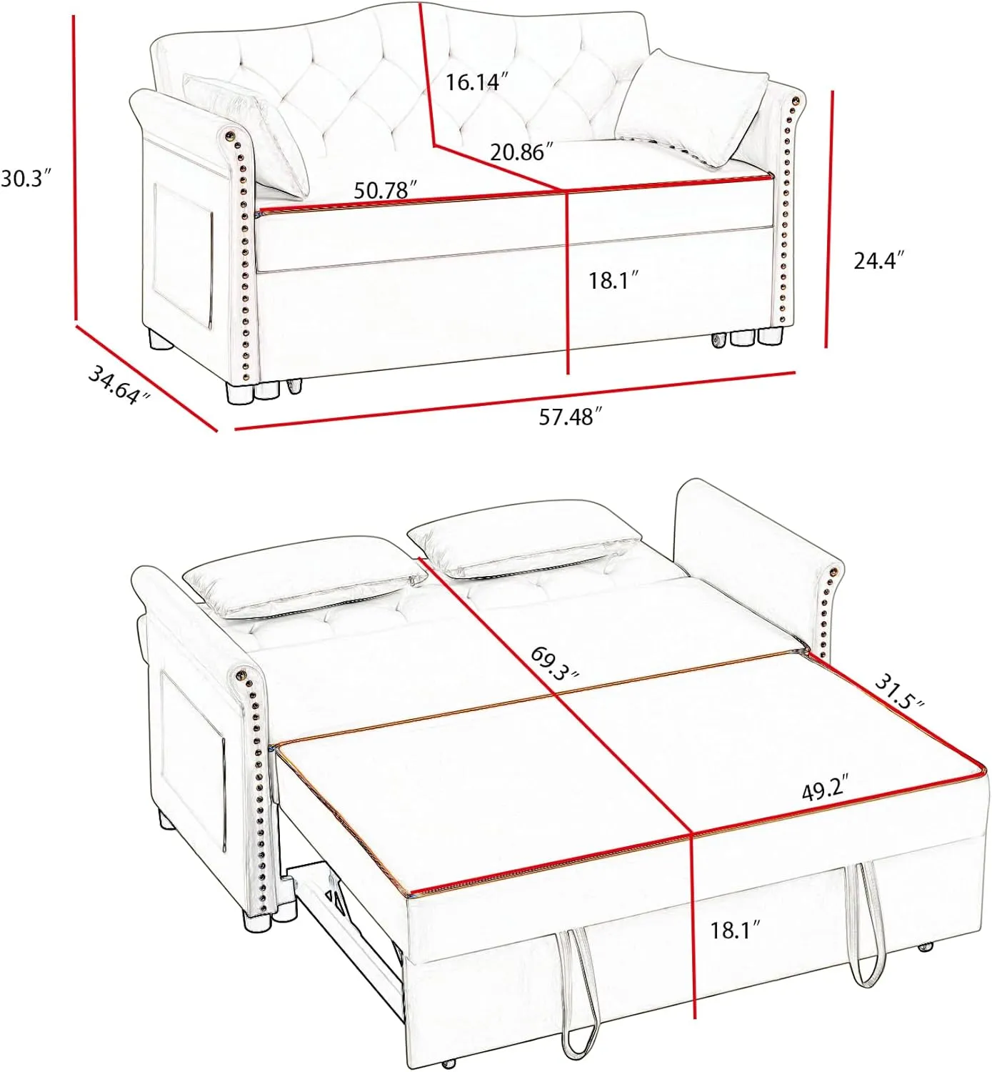 Beautiful 3 in 1 Convertible Sleeper Sofabed Thicken Cushion Living Room Tufted Backrest Daybed ,57.5" Oversized Loveseat Sofa Pull Out Sleep Couch Bed W/Nailhead Decor and Golden Trim for Guestroom