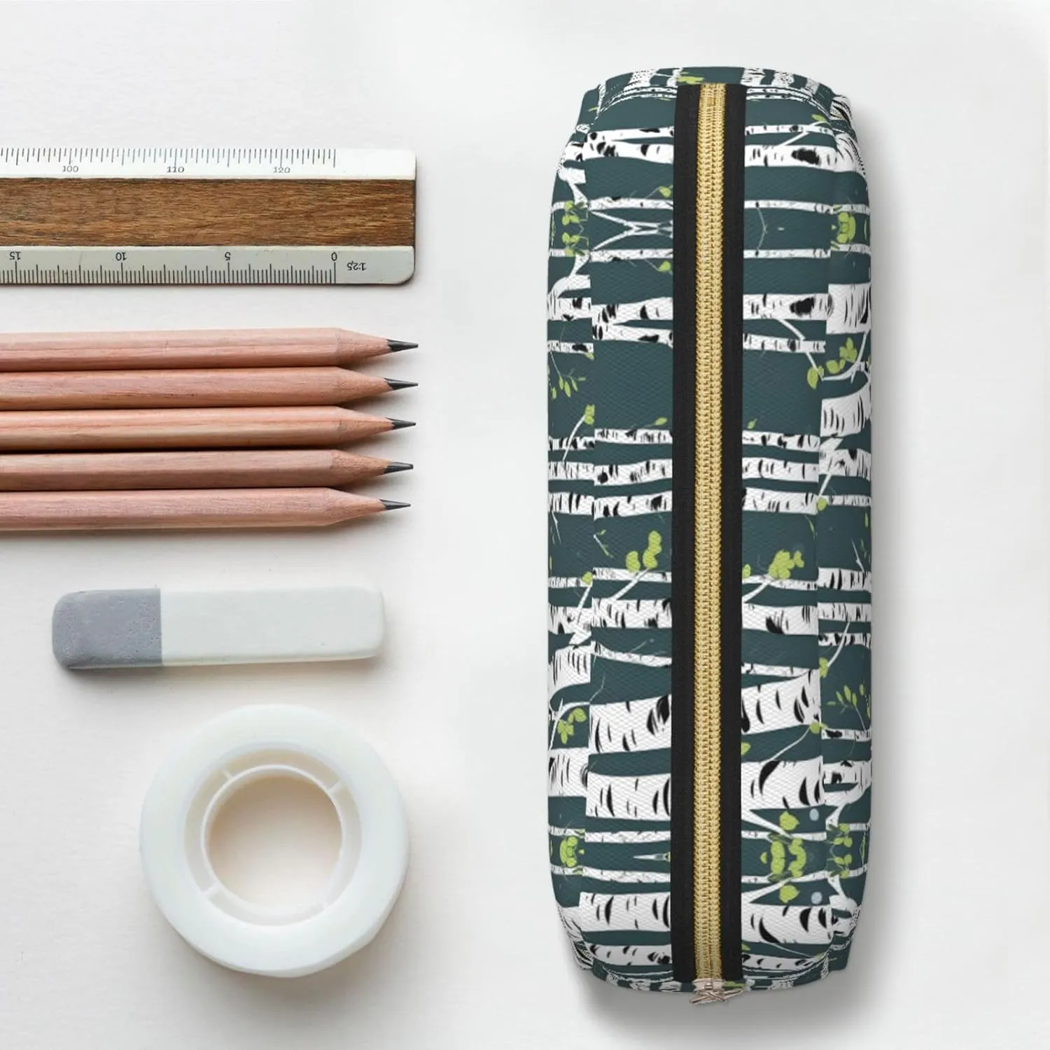 Beauty Birch Tree Print Large Capacity Pencil Case,Pencil Pouch With Zipper, Durable Leather Pen Bag For Office, Travel