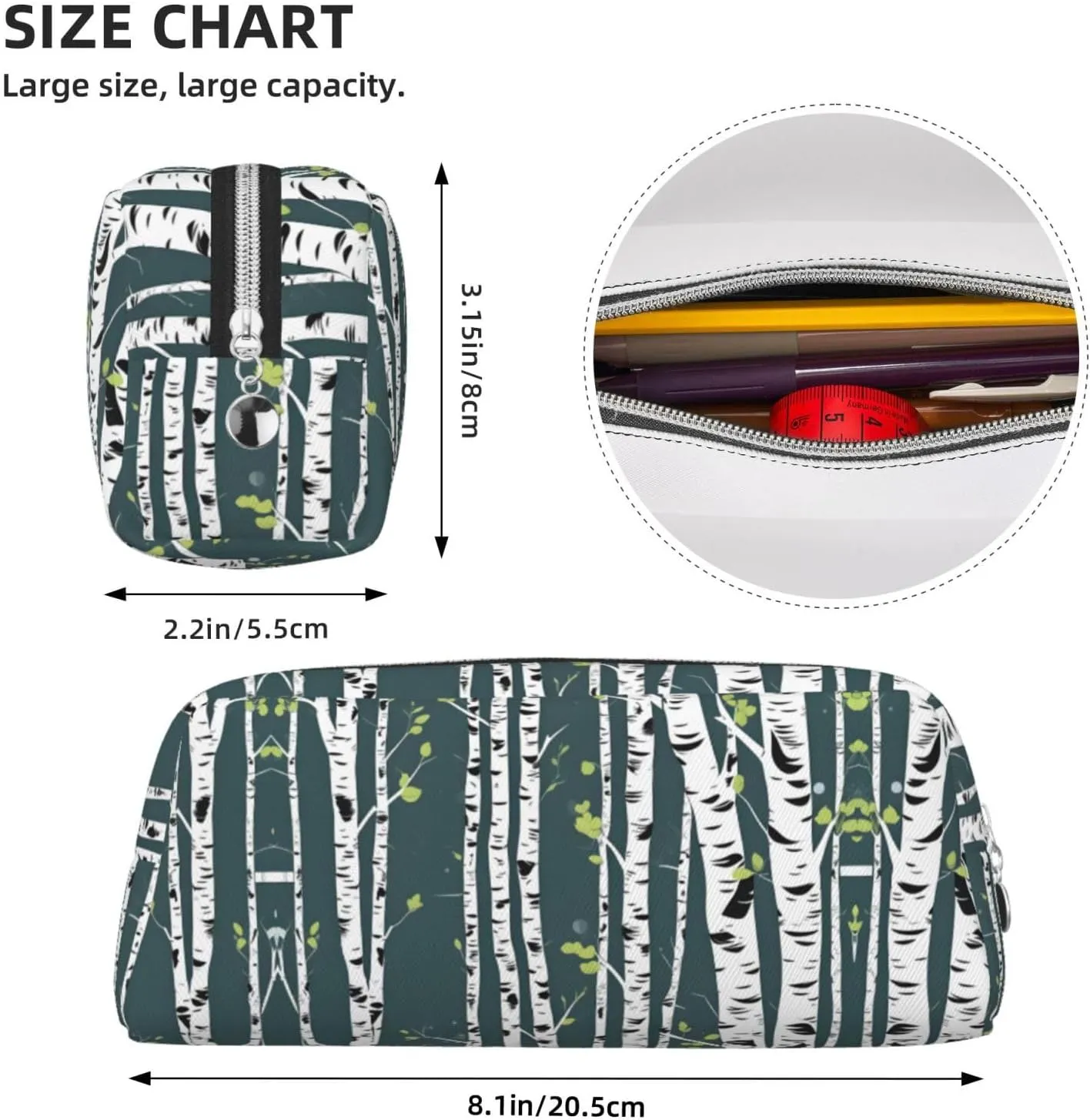 Beauty Birch Tree Print Large Capacity Pencil Case,Pencil Pouch With Zipper, Durable Leather Pen Bag For Office, Travel