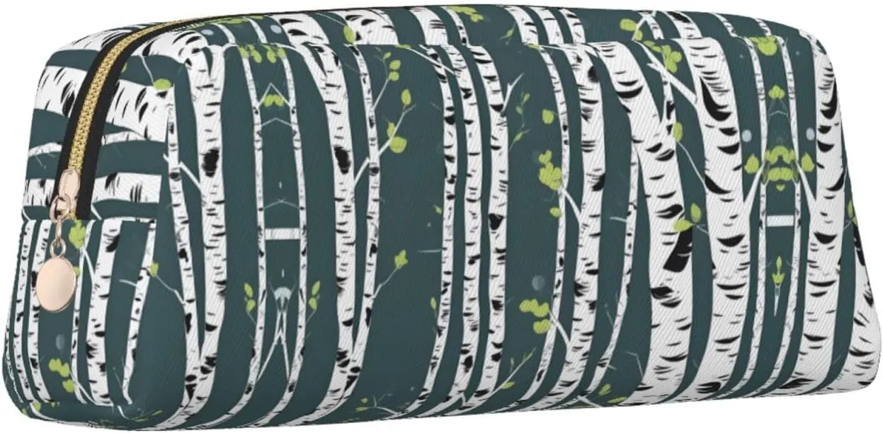 Beauty Birch Tree Print Large Capacity Pencil Case,Pencil Pouch With Zipper, Durable Leather Pen Bag For Office, Travel