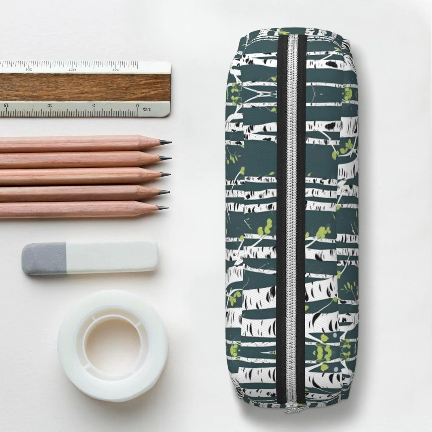 Beauty Birch Tree Print Large Capacity Pencil Case,Pencil Pouch With Zipper, Durable Leather Pen Bag For Office, Travel