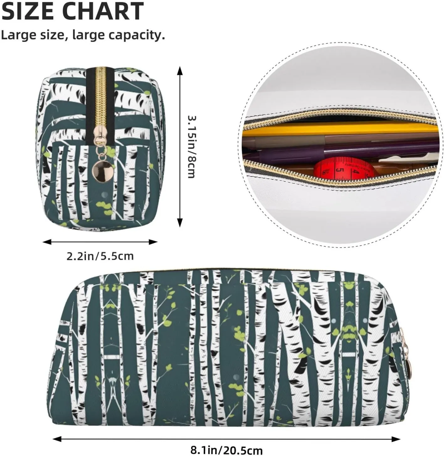 Beauty Birch Tree Print Large Capacity Pencil Case,Pencil Pouch With Zipper, Durable Leather Pen Bag For Office, Travel
