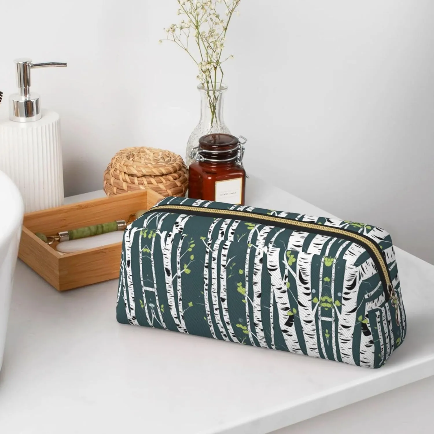Beauty Birch Tree Print Large Capacity Pencil Case,Pencil Pouch With Zipper, Durable Leather Pen Bag For Office, Travel