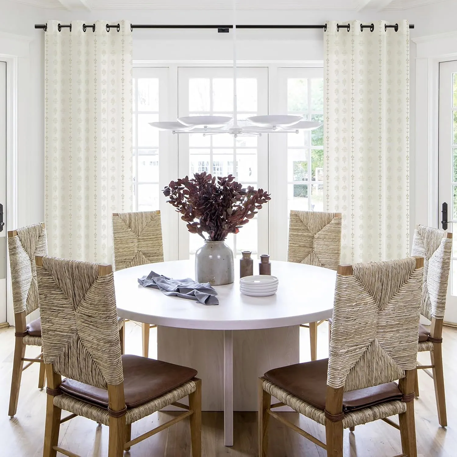 Beige Curtains for Living Room Bedroom,Sheer Patterned Linen Tan Floral Print Boho Black Grommet Farmhouse Window Curtain Sheers 84 Inches Length 2 Panels Set 7 Foot 7Ft Long