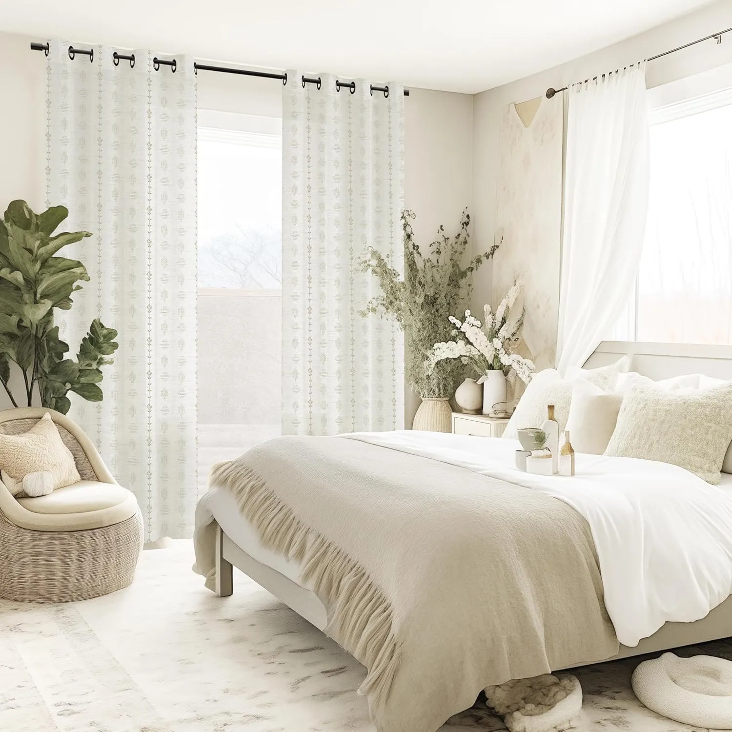 Beige Curtains for Living Room Bedroom,Sheer Patterned Linen Tan Floral Print Boho Black Grommet Farmhouse Window Curtain Sheers 84 Inches Length 2 Panels Set 7 Foot 7Ft Long