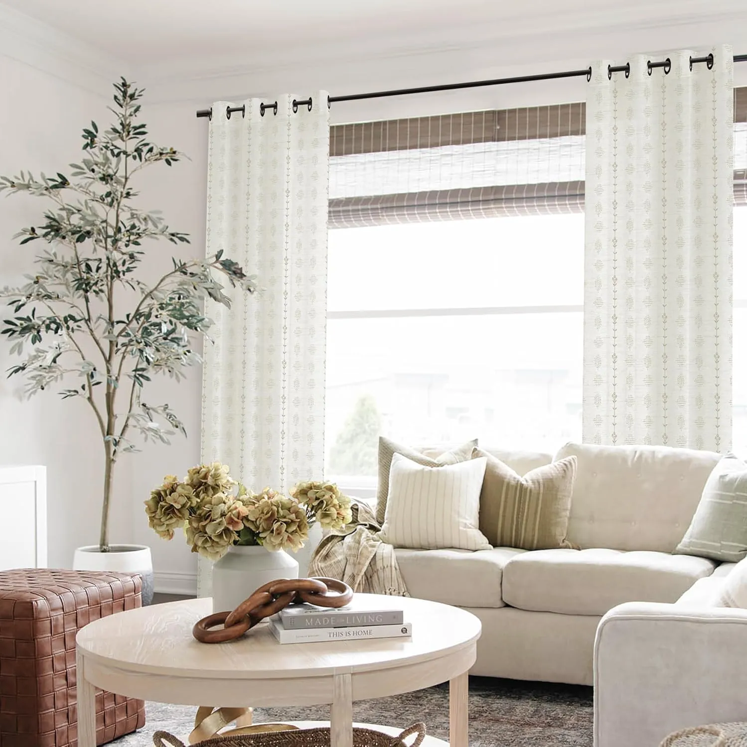 Beige Curtains for Living Room Bedroom,Sheer Patterned Linen Tan Floral Print Boho Black Grommet Farmhouse Window Curtain Sheers 84 Inches Length 2 Panels Set 7 Foot 7Ft Long