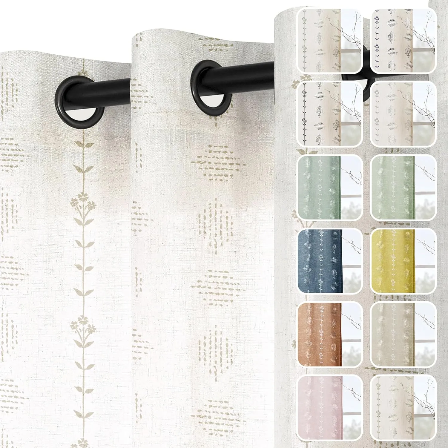 Beige Curtains for Living Room Bedroom,Sheer Patterned Linen Tan Floral Print Boho Black Grommet Farmhouse Window Curtain Sheers 84 Inches Length 2 Panels Set 7 Foot 7Ft Long